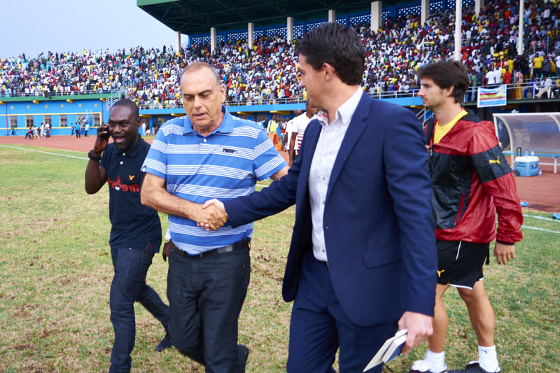 Full time: Head Coaches Avram Grant (Ghana) and Johnny McKinstry (Rwanda) congratulate each other on a good game [Rwanda Vs Ghana AFCON2017 Qualifier, 5 Sep 2015 in Kigali, Rwanda. Photo © Darren McKinstry 2015