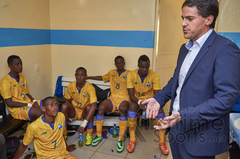 Coach McKinstry speaks to players at half-time during the final. [Rwanda vs Uganda, CECAFA 2015 Final, 5 Dec 2015 in Addis Ababa, Ethiopia.  Photo © Darren McKinstry 2015, www.XtraTimeSports.net]