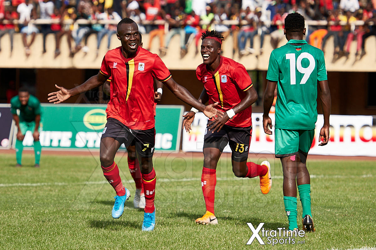 Kampala, Uganda. 17 Nov 2019.  Emmanuel Okwi (7, Uganda) celebrates putting Uganda 1-0 ahead.  Uganda v Malawi, CAF Nations Cup / African Cup of Nations Qualifier.  Nelson Mandela Stadium at Namboole.  Credit: XtraTimeSports (Darren McKinstry)