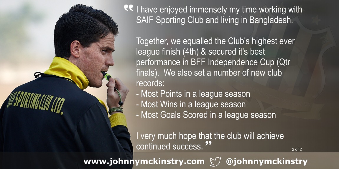 Johnathan McKinstry (Head Coach) - Farewell quote 2 of 2. Credit: XtraTimeSports (Darren McKinstry).