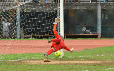 Umaru Bangura beats the Swaziland keeper, with a perfectly placed drive towards the post [Leone Stars v Swaziland 31 May 2014 (Pic: Darren McKinstry)]